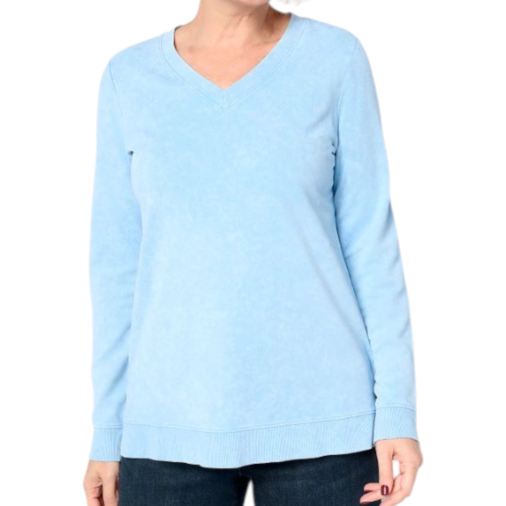 DENIM & CO WOMEN'S BLUE WASHED FRENCH TERRY LONG SLEEVE V-NECK PULLOVER SIZE XL